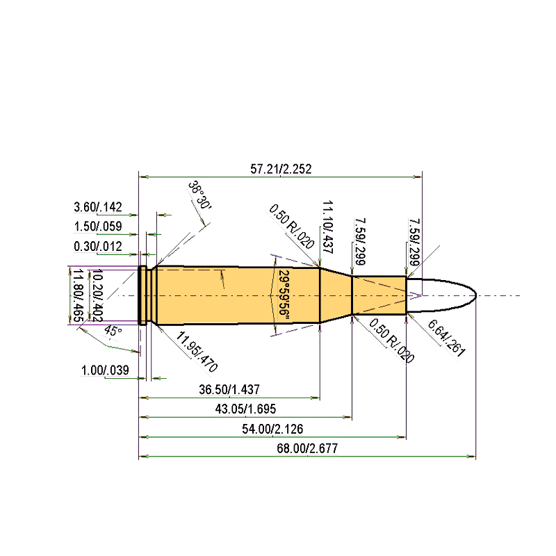 6.5 x 54 mm Mauser Calibres Dimensions et spécifications techniques